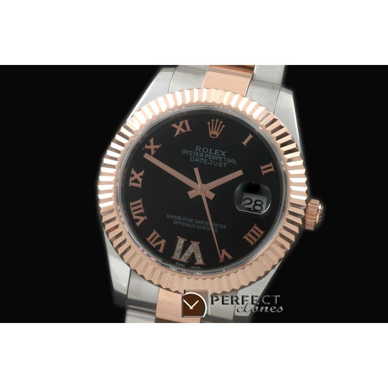 R41DJTR00122 SS/RG Oyster Fluted Black Roman Asian Eta 2836-2 2