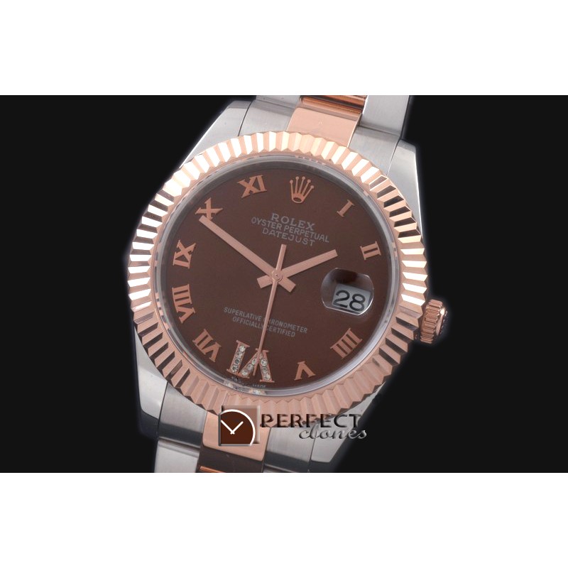 R41DJTR00124 SS/RG Oyster Fluted Brown Roman Asian Eta 2836-2 2