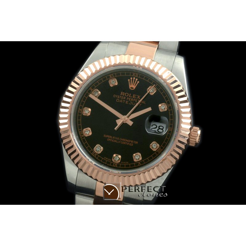 R41DJTR00143 SS/RG Oyster Fluted Black Diam Asian Eta 2836-2