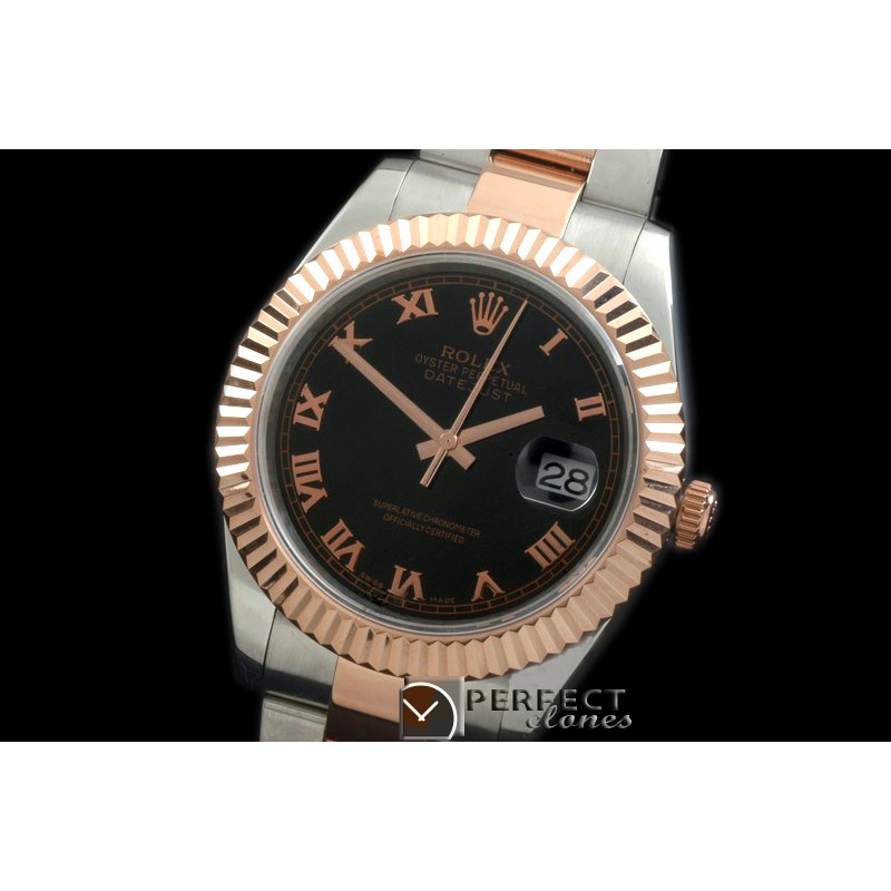 R41DJTR00113 SS/RG Oyster Fluted Black Roman Asian Eta 2836
