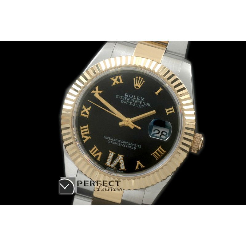 R41DJT00142 SS/YG Oyster Fluted Black Roman Asian Eta 2836-2 2
