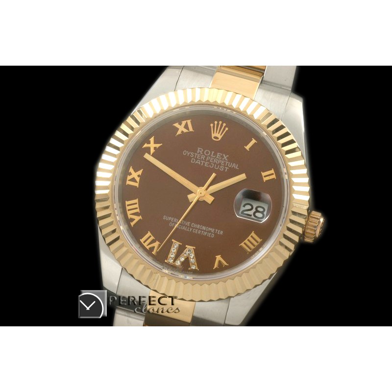 R41DJT00144 SS/YG Oyster Fluted Brown Roman Asian Eta 2836-2 2
