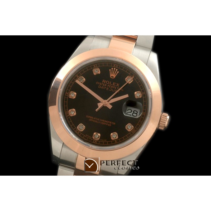R41DJTR00253 SS/RG Oyster Smooth Black Diam Asian 2836