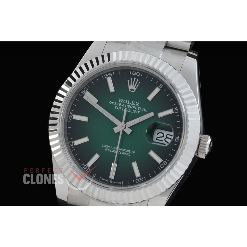 R41DJS-DD3235FS-008 QF 126334 SS/SS Fluted/Oyster Ombre Green Sticks DD 3235 Free Sprung 904L Steel / Extra Weighted Casework - 72 Hours Reserve 