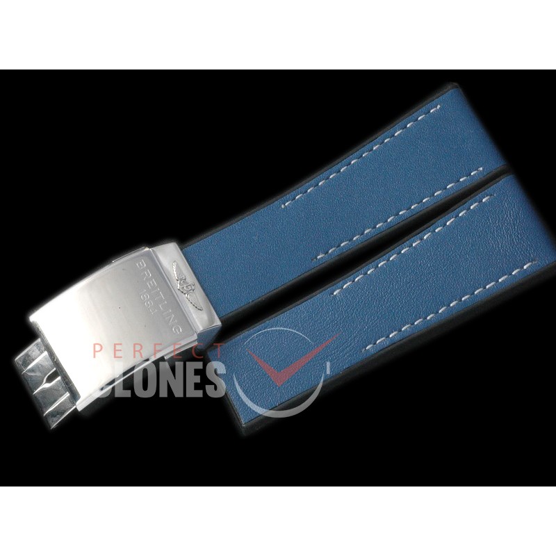0 BLA00113 Leather/Rubber Strap Blue W/Deployant - For 24mm Lug Width Watches
