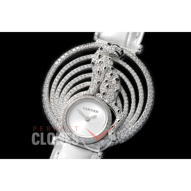 0 CARPT-088 Panthere Royale Sterling Silver Diamond Crested Silver Pearl Swiss Quartz 