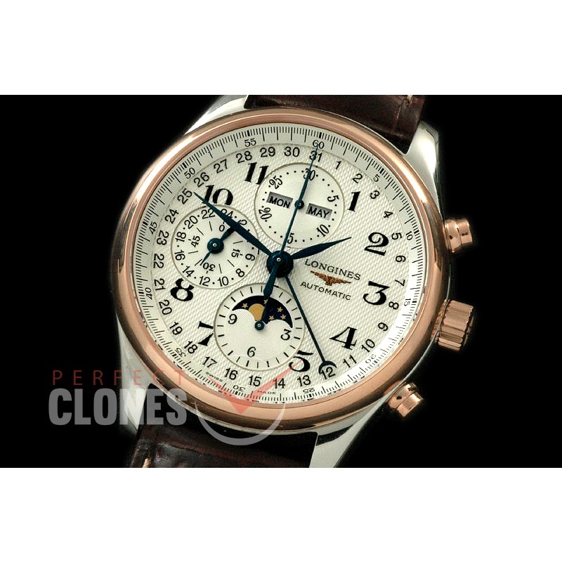 LG00091 Longines Master Calender Chronograph SS/RG/LE White Num Asian 7751