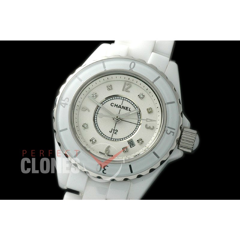0 CHA-33W-109 J12 Ladies CER/CER White/Silver Num/Diam Swiss Quartz