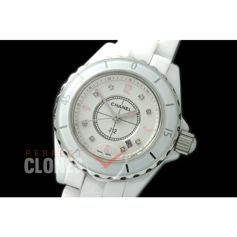 0 CHA-33W-107 J12 Ladies CER/CER White/Pink Num/Diam Swiss Quartz