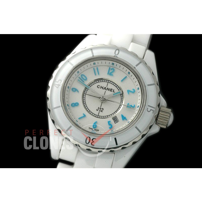 0 CHA-33W-101 J12 Ladies CER/CER White/Blue Num Swiss Quartz
