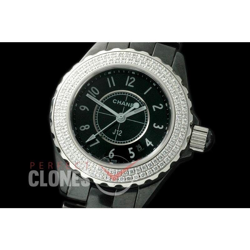 0 CHA-33B-102D J12 Ladies CER/CER/Diam Black Num Swiss Quartz 