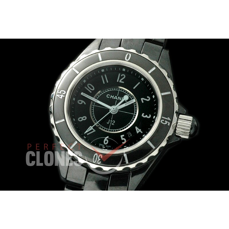 0 CHA-33B-102 J12 Ladies CER/CER Black Num Swiss Quartz 