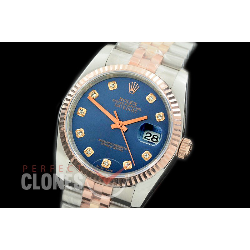 R36DJTR-364 GMF 126231 SS/RG Fluted/Jubilee Blue Diam SA 3135 904L Steel