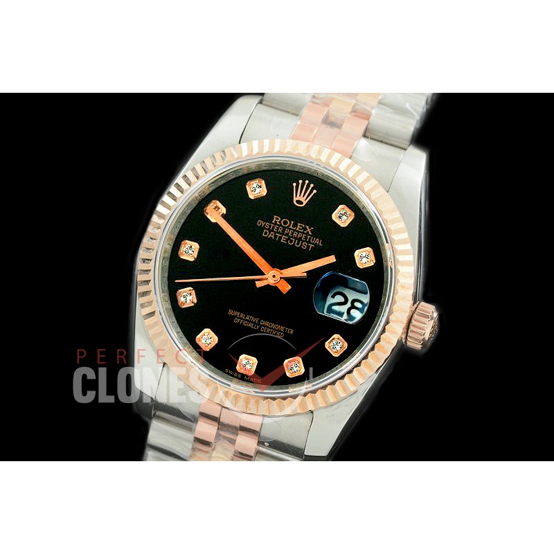 R36DJTR-362 GMF 126231 SS/RG Fluted/Jubilee Black Diam SA 3135 904L Steel