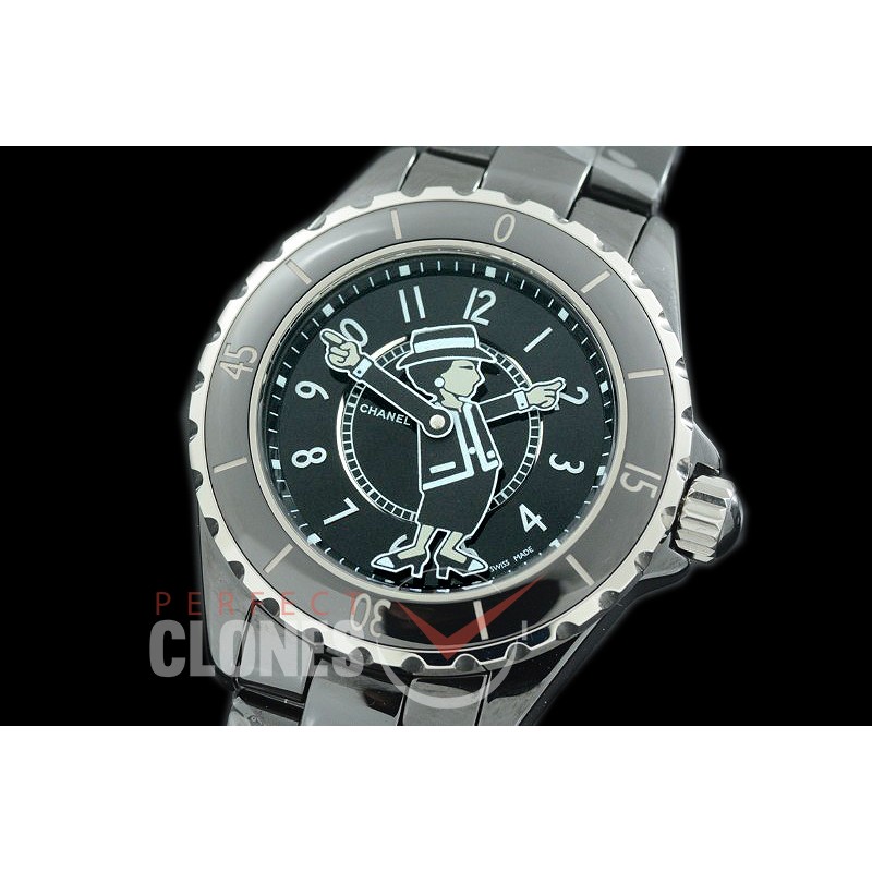 0 0 CHA-38-302 J12 Ladies Mademoiselle Coco Limited Edition CER/CER Black Num Miyota 9015 Mod to Chanel Calibre 