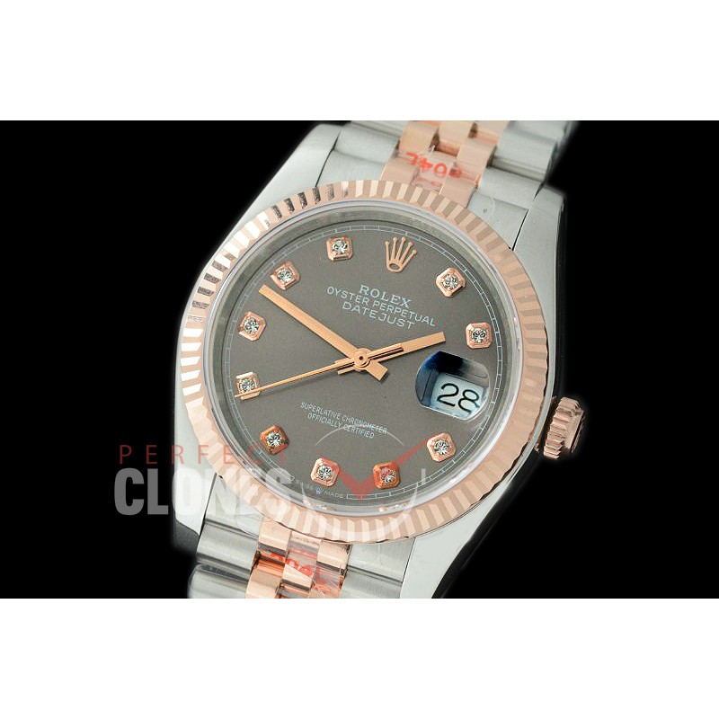 R36DJTR-313 GMF 126231 SS/RG Fluted/Jubilee Dark Rhodium Grey Diamonds SA 3135 904L Steel 