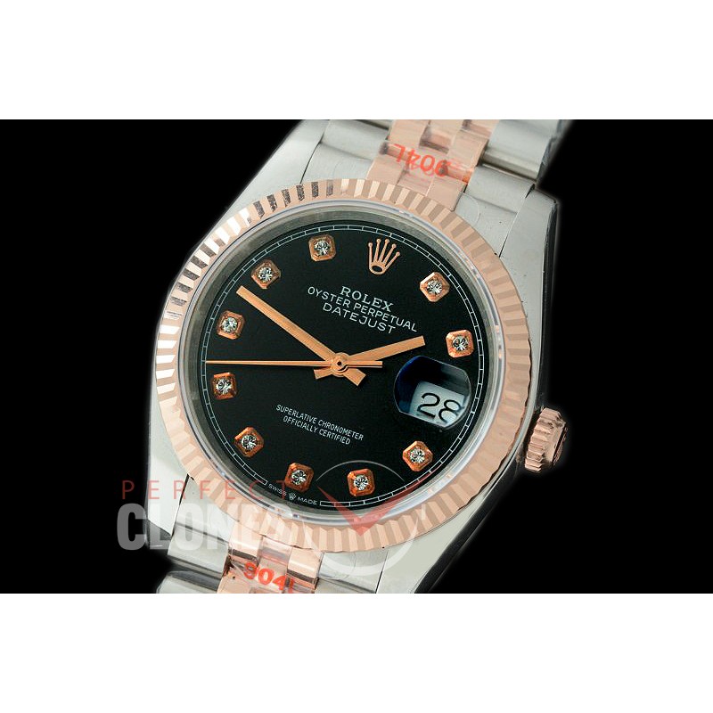 R36DJTR-312 GMF 126231 SS/RG Fluted/Jubilee Black Diamonds SA 3135 904L Steel 