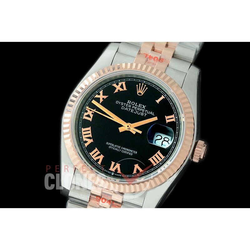 R36DJTR-322 GMF 126231 SS/RG Fluted/Jubilee Black Roman SA 3135 904L Steel 