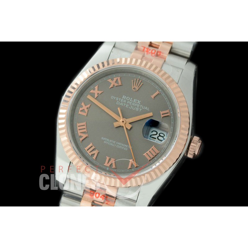 R36DJTR-323 GMF 126231 SS/RG Fluted/Jubilee Dark Rhodium Grey Roman SA 3135 904L Steel 