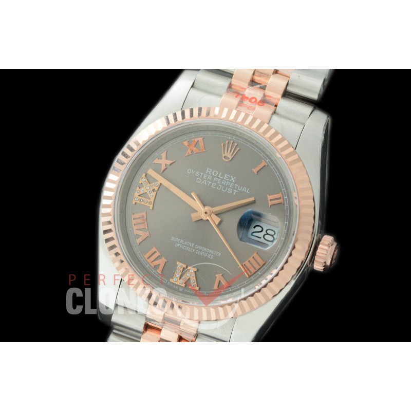 R36DJTR-333 GMF 126231 SS/RG Fluted/Jubilee Dark Rhodium Grey Roman SA 3135 904L Steel 