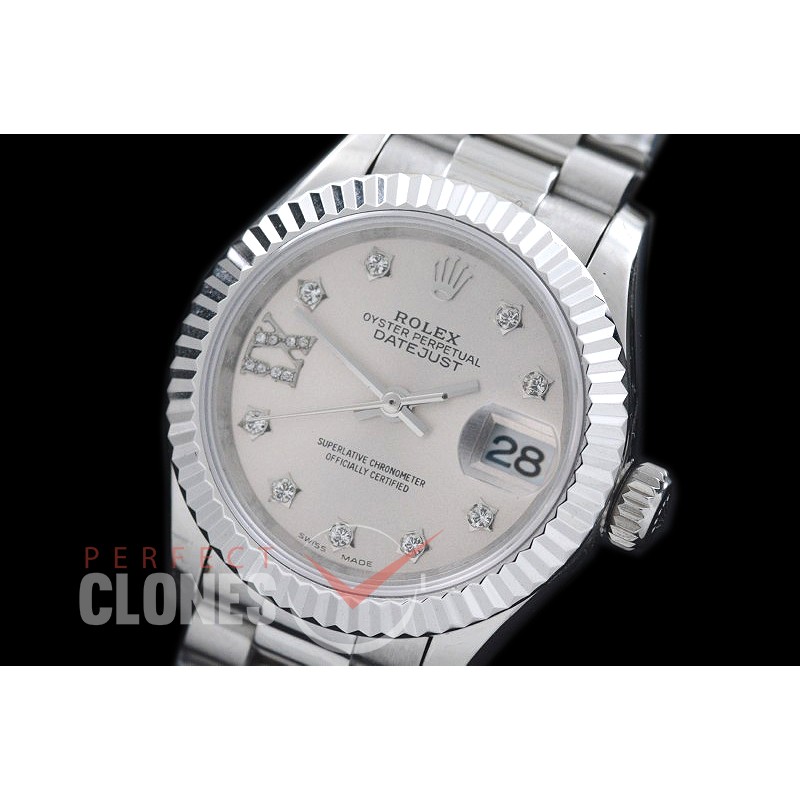 R28DJS-706 279166 Datejust Ladies 28mm SS/SS Fluted/President Silver Diam ETA 2671