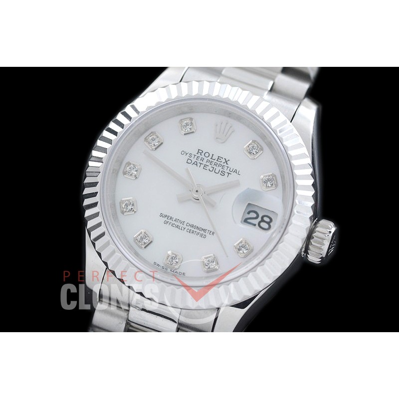 R28DJS-702 279166 Datejust Ladies 28mm SS/SS Fluted/President Pearl White Diam ETA 2671