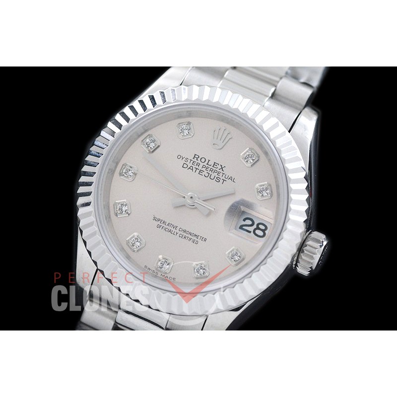 R28DJS-701 279166 Datejust Ladies 28mm SS/SS Fluted/President Silver Diam ETA 2671