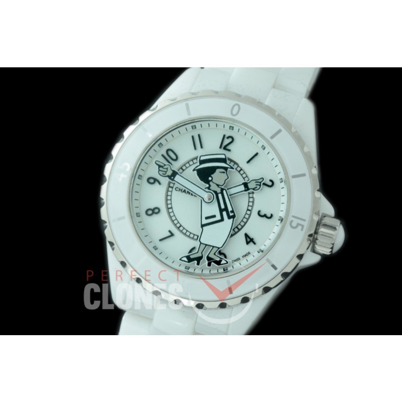 0 0 CHA-38-503 KOR-F New J12 H5241 Mademoiselle Coco CER/CER White A-2892 Mod to Chanel Calibre