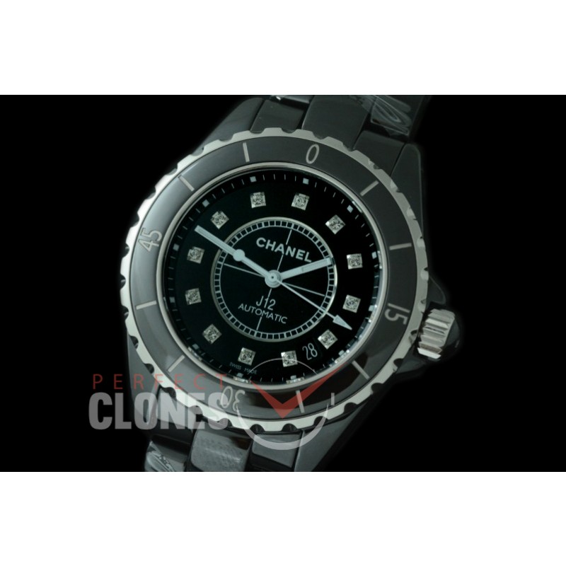 0 0 CHA-38-501B KOR-F New J12 H5705 CER/CER Black Diam A-2892 Mod to Chanel Calibre 