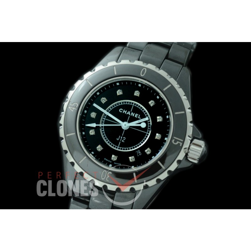 0 0 CHA-38-550B KOR-F New J12 33mm H0682 CER/CER Black Diam Swiss Quartz 