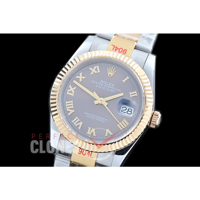 R36DJT-323 GMF 126233 SS/YG Fluted/Oyster Dark Rhodium Roman A-2824 904L Steel