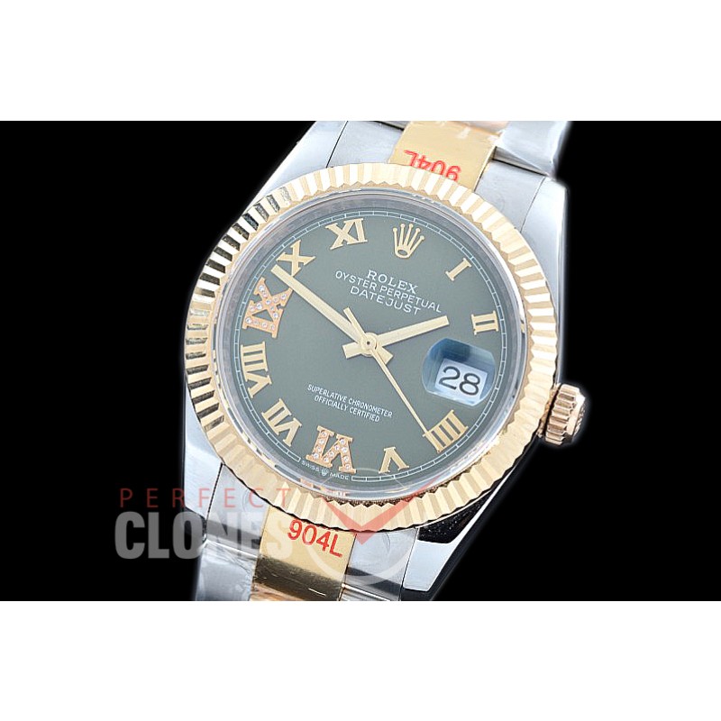 R36DJT-329 GMF 126233 SS/YG Fluted/Oyster Olive Green Roman-Diamonds A-2824 904L Steel