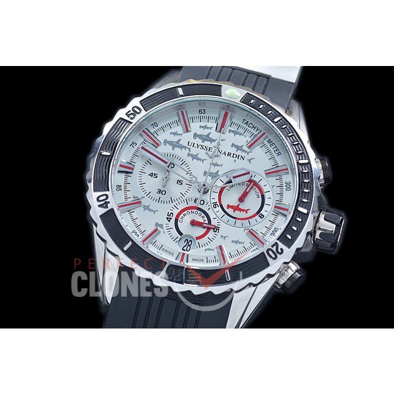 UNMMDC-101 Maxi Marine Diver Chronograph SS/RU White Hammerhead Shark Sticks Jap OS 20