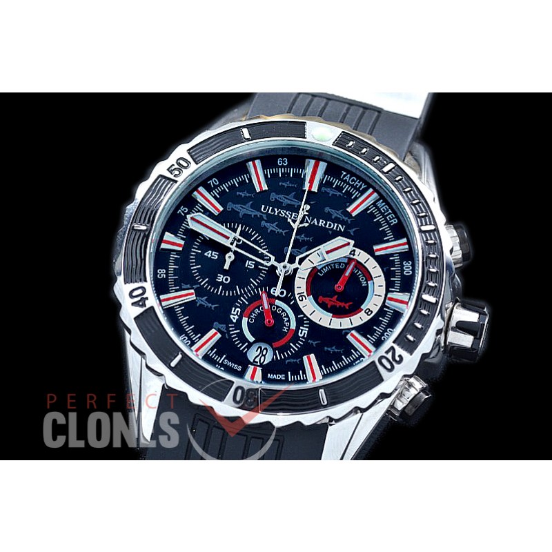 UNMMDC-102 Maxi Marine Diver Chronograph SS/RU Black Hammerhead Shark Sticks Jap OS 20