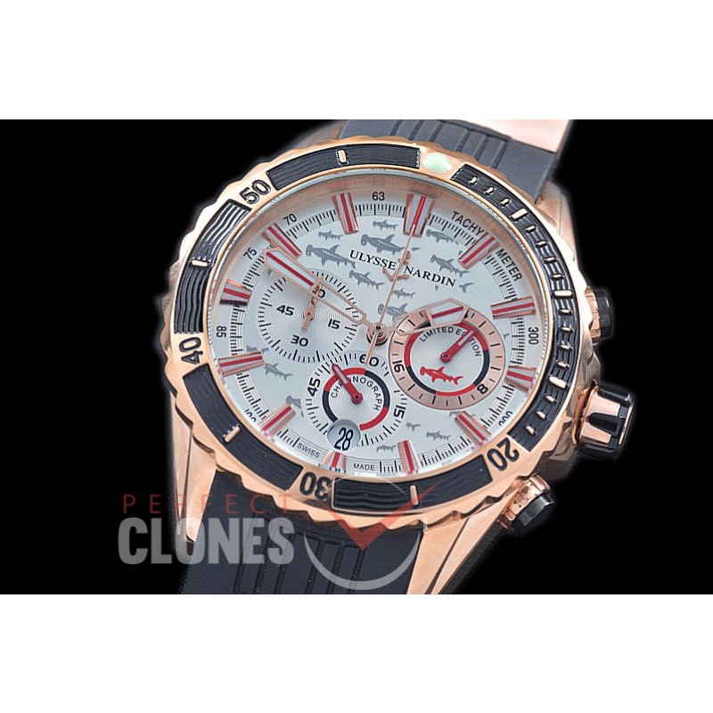 UNMMDC-111 Maxi Marine Diver Chronograph RG/RU White Hammerhead Shark Sticks