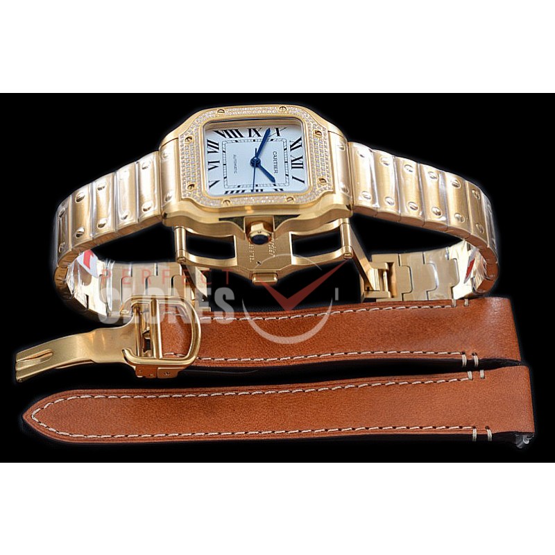 0 0 0 CAR-SAN-236SD BVF 2018 The Santos Ladies YG/YG White Miyota 9015/Mod 1847MC - Free Leather Strap Bundle