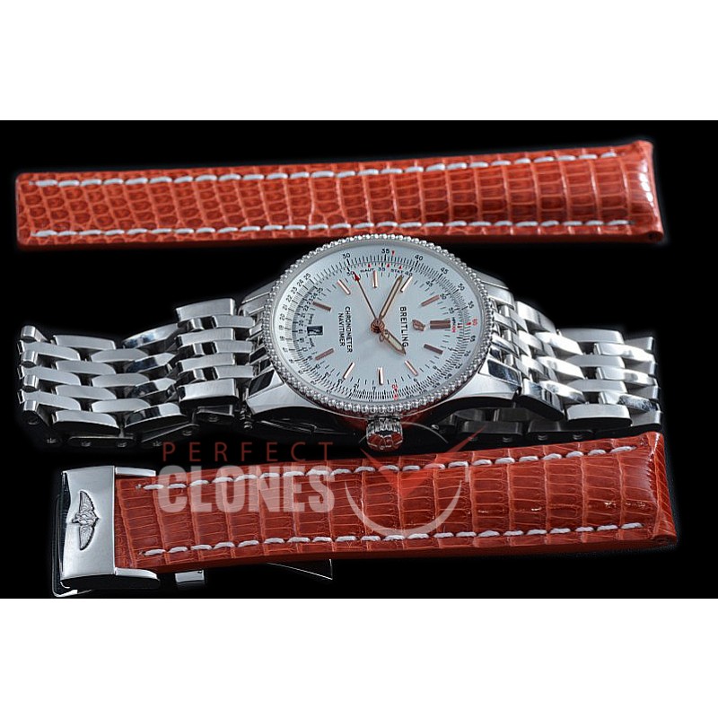 BLNV-38-101 Navitimer 38mm Automatic SS/SS White A-2824 Bundle with Leather Strap c/w Deployant 