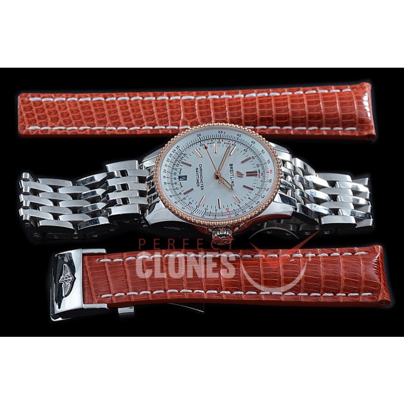 BLNV-38-106 Navitimer 38mm Automatic SS/RG/SS White A-2824 Bundle with Leather Strap c/w Deployant 