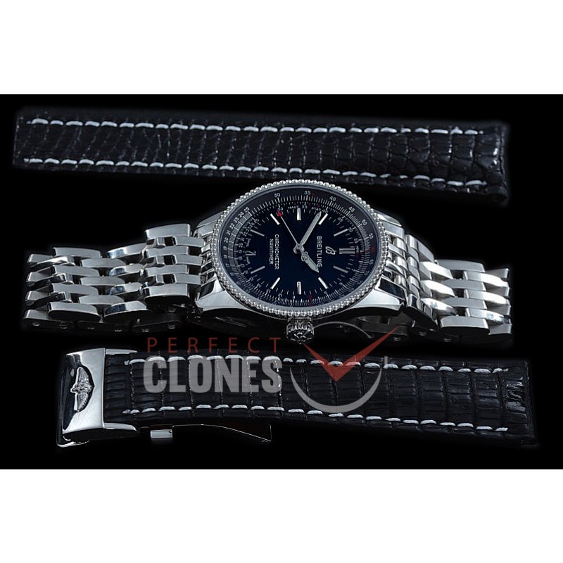 BLNV-38-102 Navitimer 38mm Automatic SS/SS Black A-2824 Bundle with Leather Strap c/w Deployant 