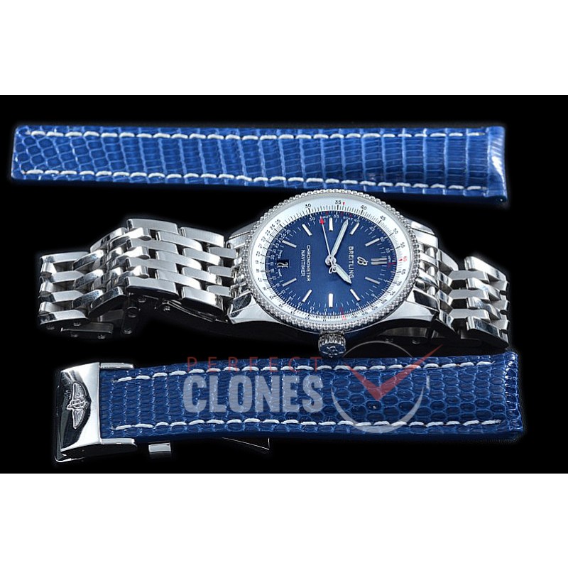 BLNV-38-103 Navitimer 38mm Automatic SS/SS Blue A-2824 Bundle with Leather Strap c/w Deployant 