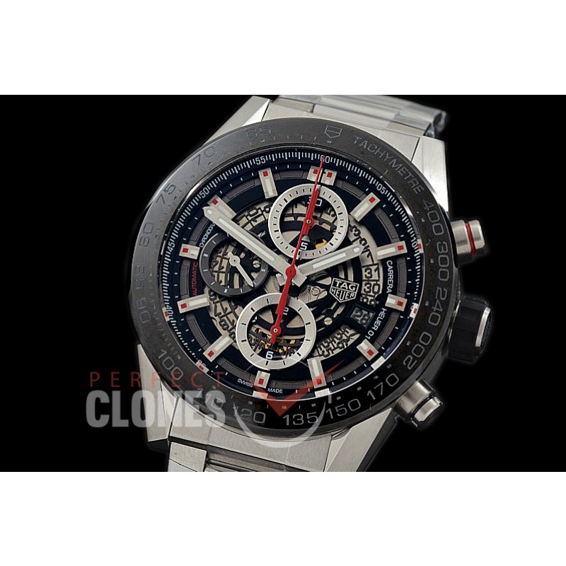 0 0 0 0 0 TGCH1-001 XF/VSF Carrera Heuer-01 Chronograph SS/SS Black Skeleton A-7750 