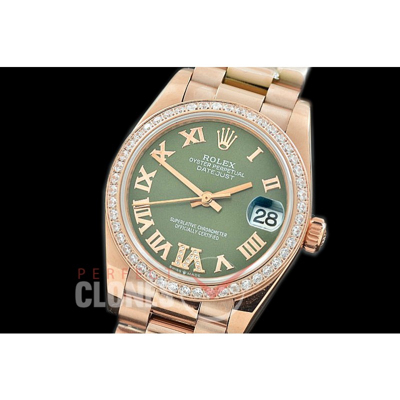 R31DJR-379 Datejust Midsize 278285RBR RG/RG Diam/President Green Diam-Roman Asian Clone 2824