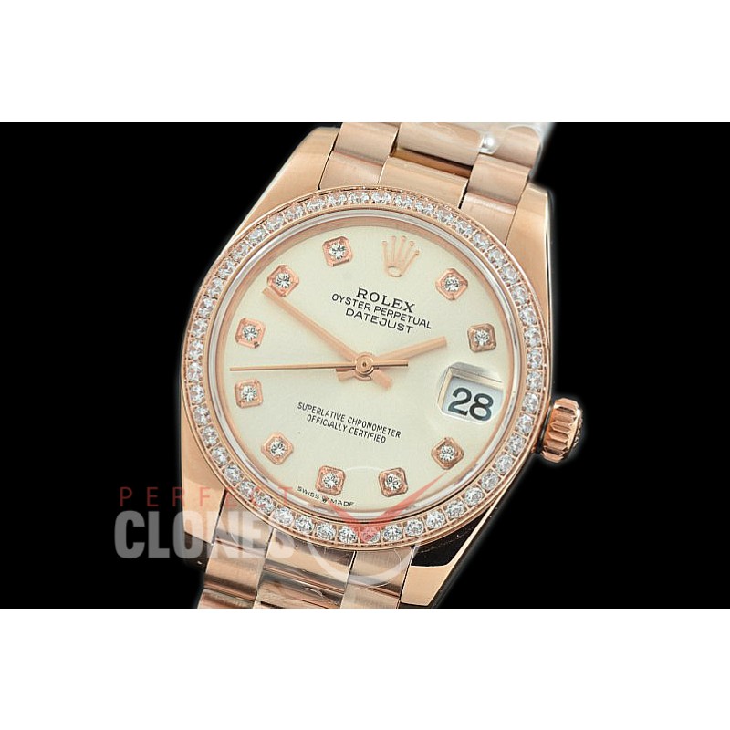 R31DJR-361 Datejust Midsize 278285RBR RG/RG Diam/President Silver Diamond Asian Clone 2824