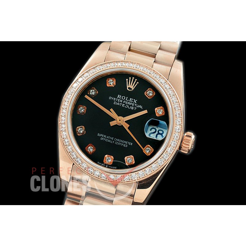 R31DJR-362 Datejust Midsize 278285RBR RG/RG Diam/President Black Diamond Asian Clone 2824