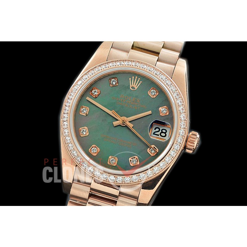 R31DJR-368 Datejust Midsize 278285RBR RG/RG Diam/President MOP Black Diamond Asian Clone 2824