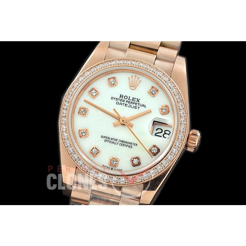 R31DJR-367 Datejust Midsize 278285RBR RG/RG Diam/President MOP White Diamond Asian Clone 2824