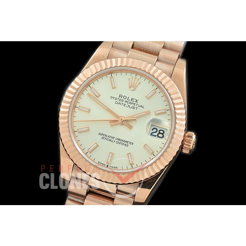 R31DJR-300 Datejust Midsize 278285 RG/RG Fluted/President Silver Sticks Asian Clone 2824