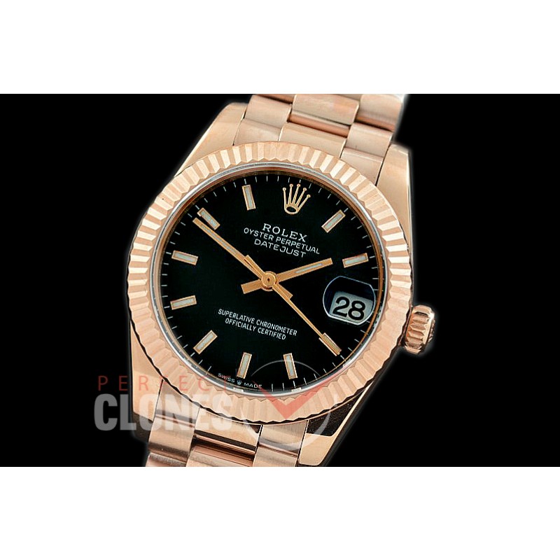 R31DJR-302 Datejust Midsize 278285 RG/RG Fluted/President Black Sticks Asian Clone 2824