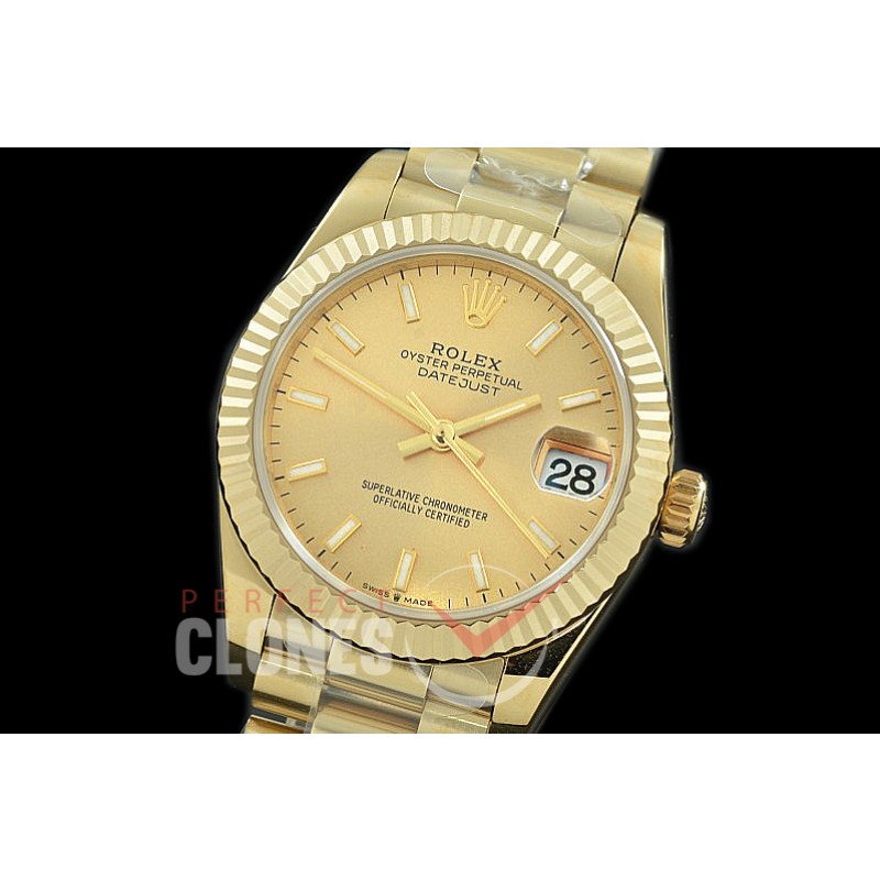 R31DJF-305 Datejust Midsize 278288 YG/YG Fluted/President Champagne Sticks Asian Clone 2824