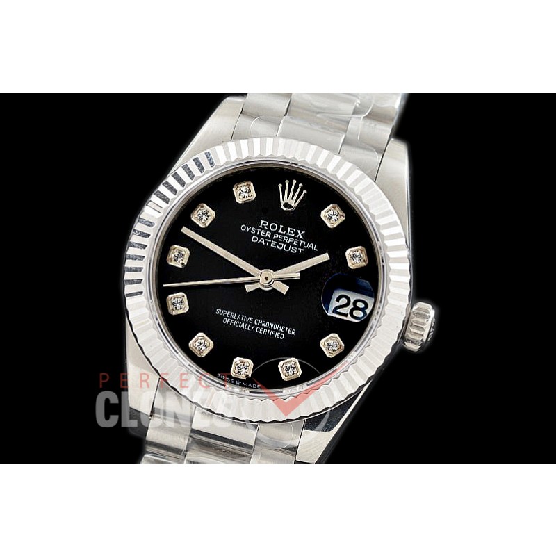 R31DJS-312 Datejust Midsize 278289 SS/SS Fluted/President Black Diamonds Asian Clone 2824
